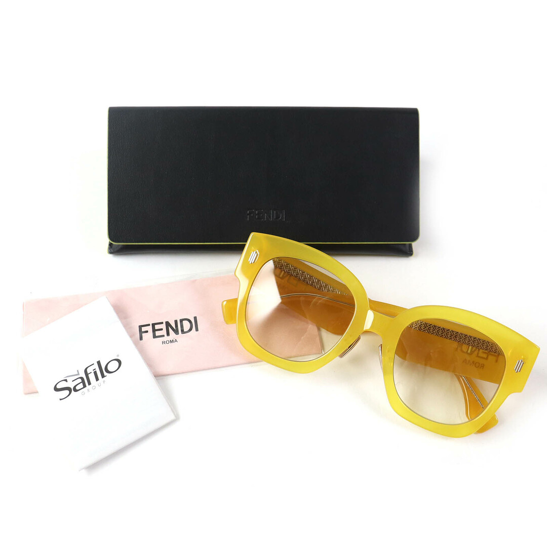 FENDI(フェンディ)の美品△FENDI フェンディ FF0458 Square Sunglasses ロゴ入り アイウェア サングラス イエロー系 52□23 150 ケース付き イタリア製 レディース レディースのファッション小物(サングラス/メガネ)の商品写真