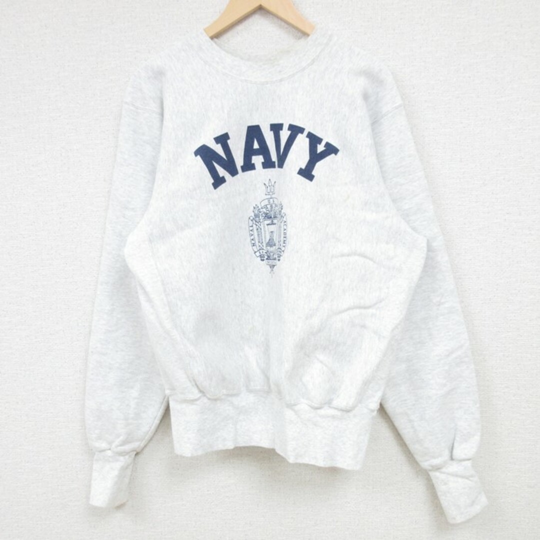 S★古着 長袖 スウェット メンズ 90年代 90s ミリタリー ネイビー NAVY クルーネック USA製 薄グレー 霜降り 24may13 中古 スエット トレーナー トップス メンズのトップス(パーカー)の商品写真