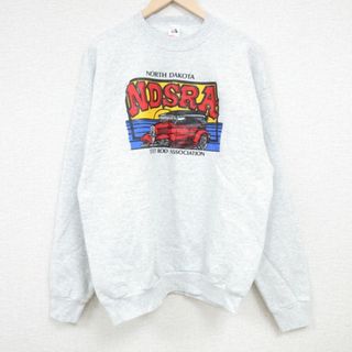 フルーツオブザルーム(FRUIT OF THE LOOM)のXL★古着 フルーツオブザルーム 長袖 スウェット メンズ 90年代 90s NDSRA 車 ホットロッド HOT ROD クルーネック USA製 薄グレー 霜降り 24may13 中古 スエット トレーナー トップス(パーカー)