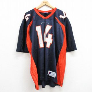 Champion - XL★古着 チャンピオン champion 半袖 ビンテージ フットボール Tシャツ メンズ 90年代 90s NFL デンバーブロンコス ブライアングリース 14 メッシュ地 大きいサイズ Vネック 紺 ネイビー アメフト スーパーボウル ユニフォーム ゲームシャツ 【spe】 24may13 中古