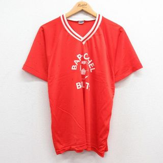 チャンピオン(Champion)のXL★古着 チャンピオン champion 半袖 ビンテージ Tシャツ メンズ 80年代 80s サッカー メッシュ地 ラグラン Vネック USA製 オレンジ 24may13 中古(Tシャツ/カットソー(半袖/袖なし))