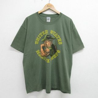 XL★古着 半袖 ビンテージ Tシャツ メンズ 00年代 00s ミリタリー USMC ブルドッグ 犬 大きいサイズ コットン クルーネック 緑 グリーン 24may13 中古(Tシャツ/カットソー(半袖/袖なし))