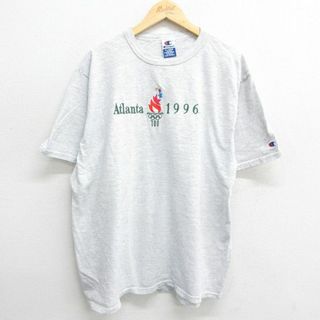 チャンピオン(Champion)のXL★古着 チャンピオン champion 半袖 ビンテージ Tシャツ メンズ 90年代 90s　アトランタ オリンピック 刺繍 大きいサイズ クルーネック 薄グレー 霜降り 24may13 中古(Tシャツ/カットソー(半袖/袖なし))