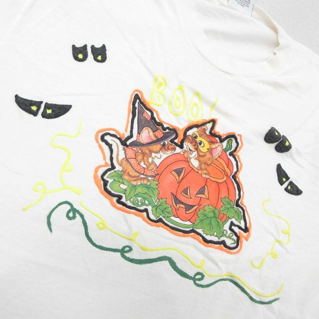 Lee(リー)のL★古着 リー Lee 半袖 ビンテージ Tシャツ メンズ 90年代 90s ハロウィン かぼちゃ ハンドペイント クルーネック 白 ホワイト 24may13 中古 メンズのトップス(Tシャツ/カットソー(半袖/袖なし))の商品写真