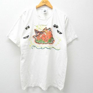 リー(Lee)のL★古着 リー Lee 半袖 ビンテージ Tシャツ メンズ 90年代 90s ハロウィン かぼちゃ ハンドペイント クルーネック 白 ホワイト 24may13 中古(Tシャツ/カットソー(半袖/袖なし))