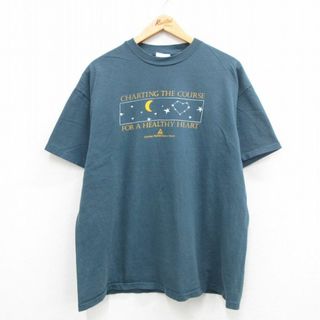 ヘインズ(Hanes)のXL★古着 ヘインズ Hanes 半袖 ビンテージ Tシャツ メンズ 90年代 90s 月 星 大きいサイズ コットン クルーネック USA製 紺系 ネイビー 24may13 中古(Tシャツ/カットソー(半袖/袖なし))