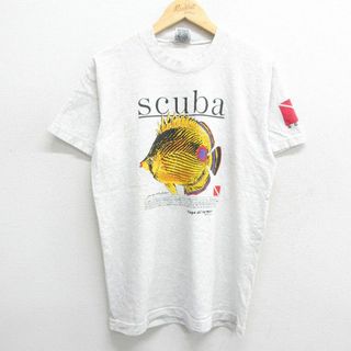 L★古着 半袖 ビンテージ Tシャツ メンズ 00年代 00s スキューバ 魚 クルーネック 薄グレー 霜降り 24may13 中古(Tシャツ/カットソー(半袖/袖なし))