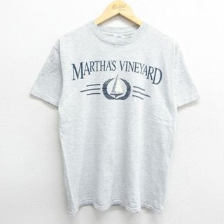 L★古着 半袖 ビンテージ Tシャツ メンズ 90年代 90s マーサズビンヤード 船 クルーネック USA製 薄グレー他 ボーダー 24may13 中古(Tシャツ/カットソー(半袖/袖なし))