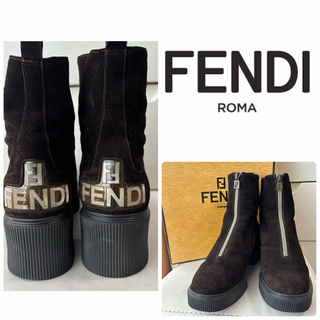 フェンディ(FENDI)のFENDI ダークブラウンスエード　ロゴ　ジップ　ショートブーツ(ブーツ)