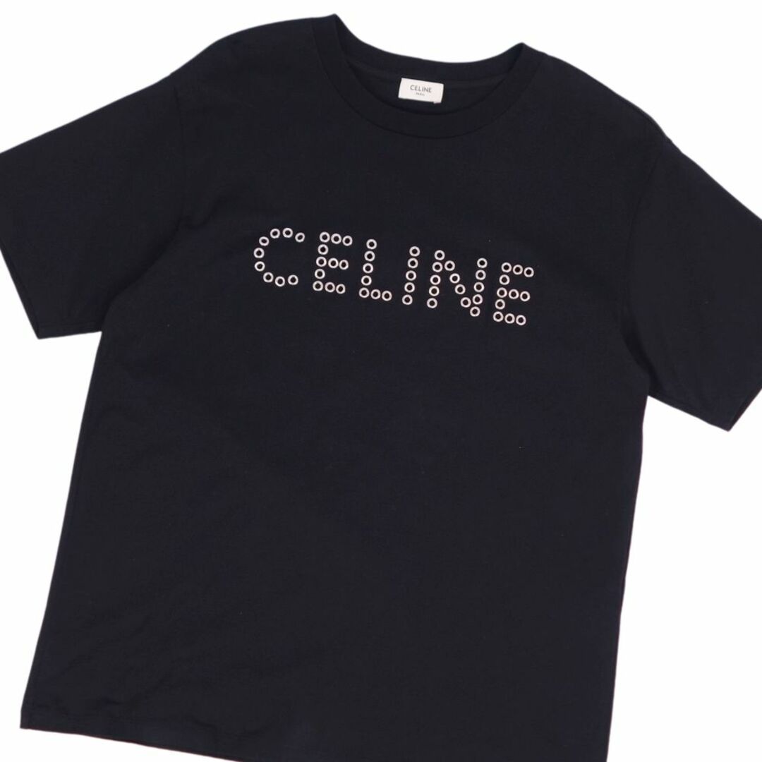 celine(セリーヌ)の美品 セリーヌ CELINE Tシャツ カットソー ロゴ スタッズ ハトメ コットン トップス メンズ イタリア製 M ブラック メンズのトップス(Tシャツ/カットソー(半袖/袖なし))の商品写真
