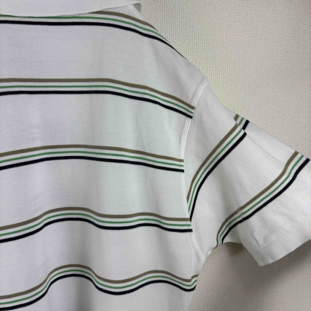 FRED PERRY(フレッドペリー)の大人気　フレッドペリー　ポロシャツ　ポルトガル製　ボーダー　白緑　M 古着 メンズのトップス(ポロシャツ)の商品写真