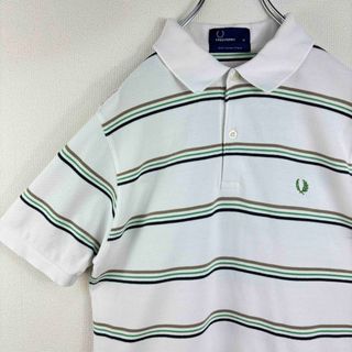 フレッドペリー(FRED PERRY)の大人気　フレッドペリー　ポロシャツ　ポルトガル製　ボーダー　白緑　M 古着(ポロシャツ)