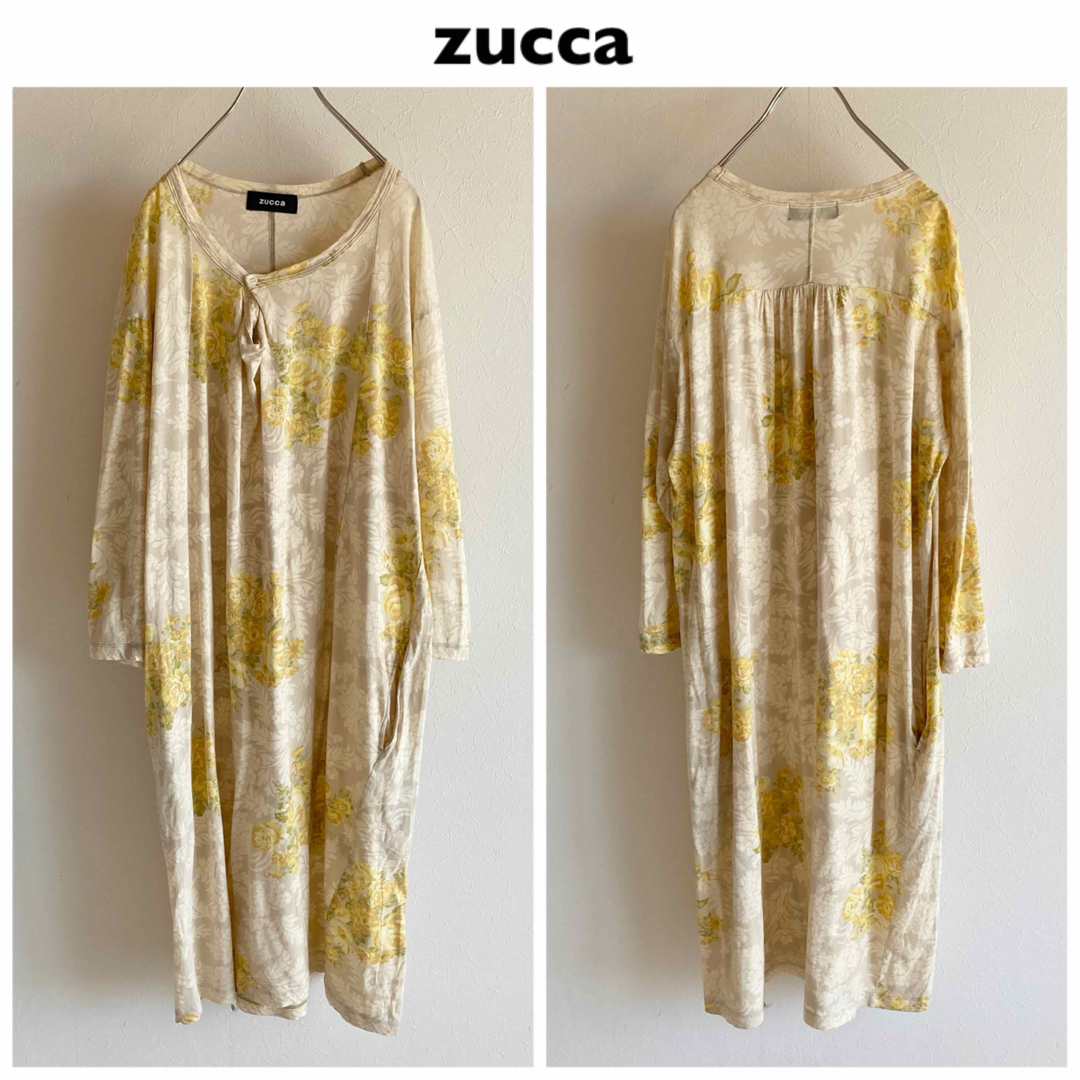 ZUCCa(ズッカ)のzucca ズッカ 花柄 カットソー ワンピース M ベージュ イエロー レディースのワンピース(ロングワンピース/マキシワンピース)の商品写真