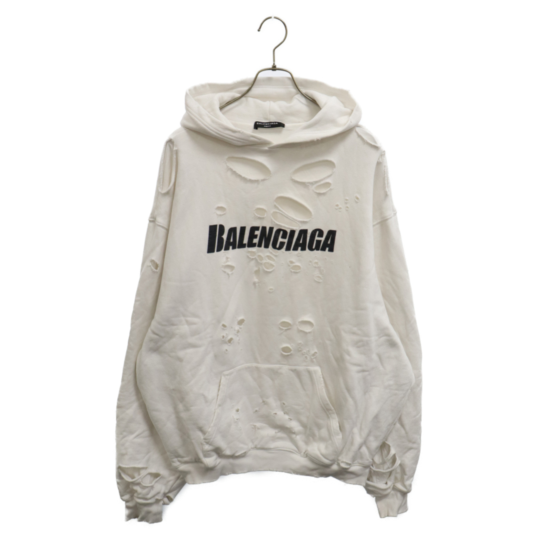 Balenciaga(バレンシアガ)のBALENCIAGA バレンシアガ 21SS Caps Destroyed Hoodie 659403 TKVB6 キャップス デストロイド フーディ プルオーバーパーカー ダメージ加工 ホワイト メンズのトップス(パーカー)の商品写真