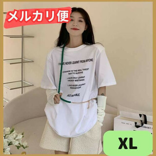 白 ロゴプリントTシャツ オーバーサイズ 韓国ファッション 夏 体型カバー(Tシャツ(長袖/七分))
