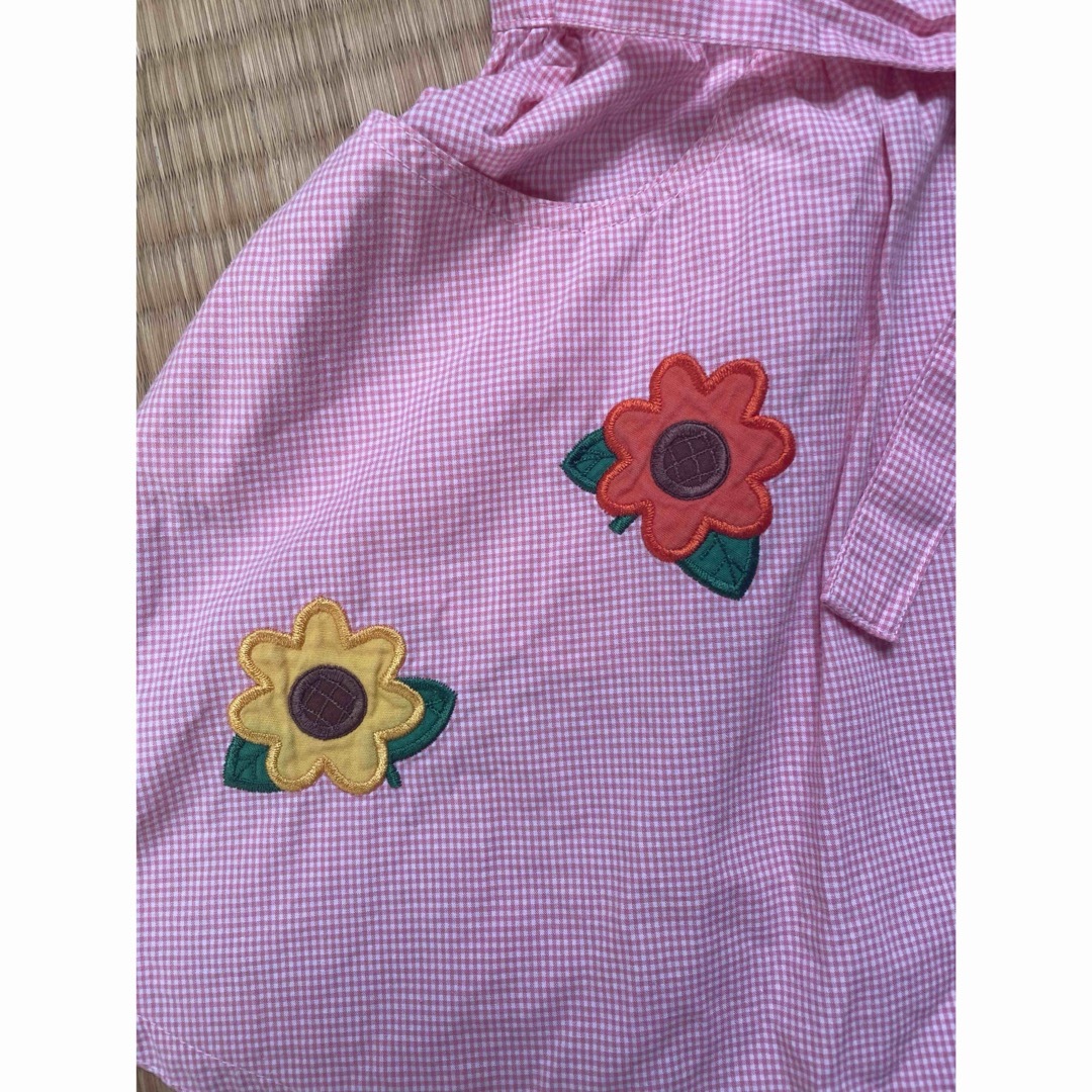 mikihouse(ミキハウス)のミキハウス　ギンガムチェック　ひまわり　ワンピース　90 刺繍 レトロ 子供服 キッズ/ベビー/マタニティのキッズ服女の子用(90cm~)(ワンピース)の商品写真