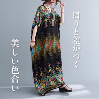 【362】フリーサイズ アジアンロングワンピース 半袖 大きいサイズ 花柄(ロングワンピース/マキシワンピース)