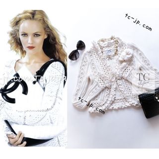 シャネル(CHANEL)のシャネル カーディガン CHANEL ホワイト アイボリー クロシェ フリル ニット 34(カーディガン)