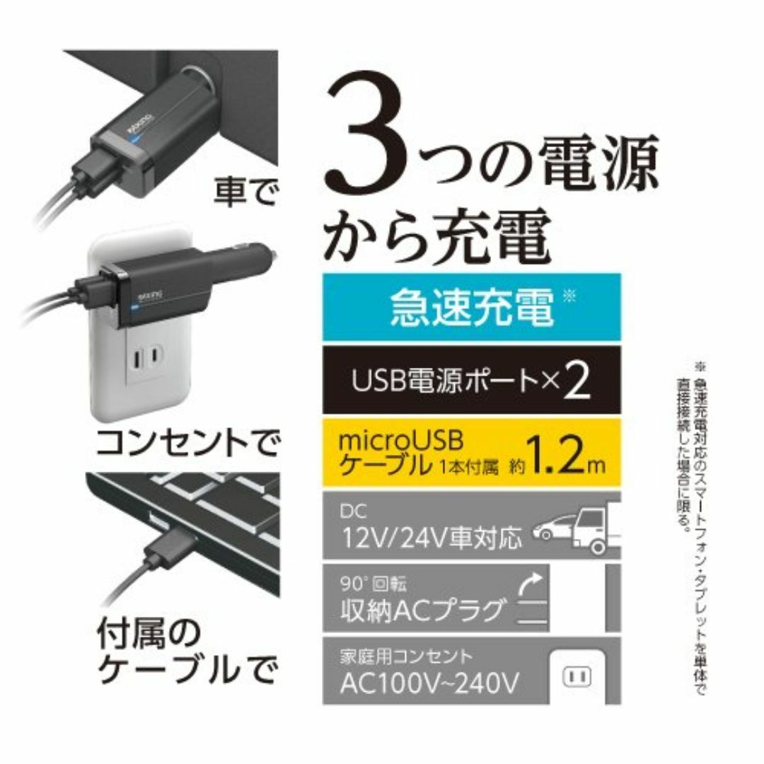 【在庫処分】多摩電子工業 「AC/DC マルチチャージャー」家庭&車載 マルチU スマホ/家電/カメラのスマホアクセサリー(その他)の商品写真