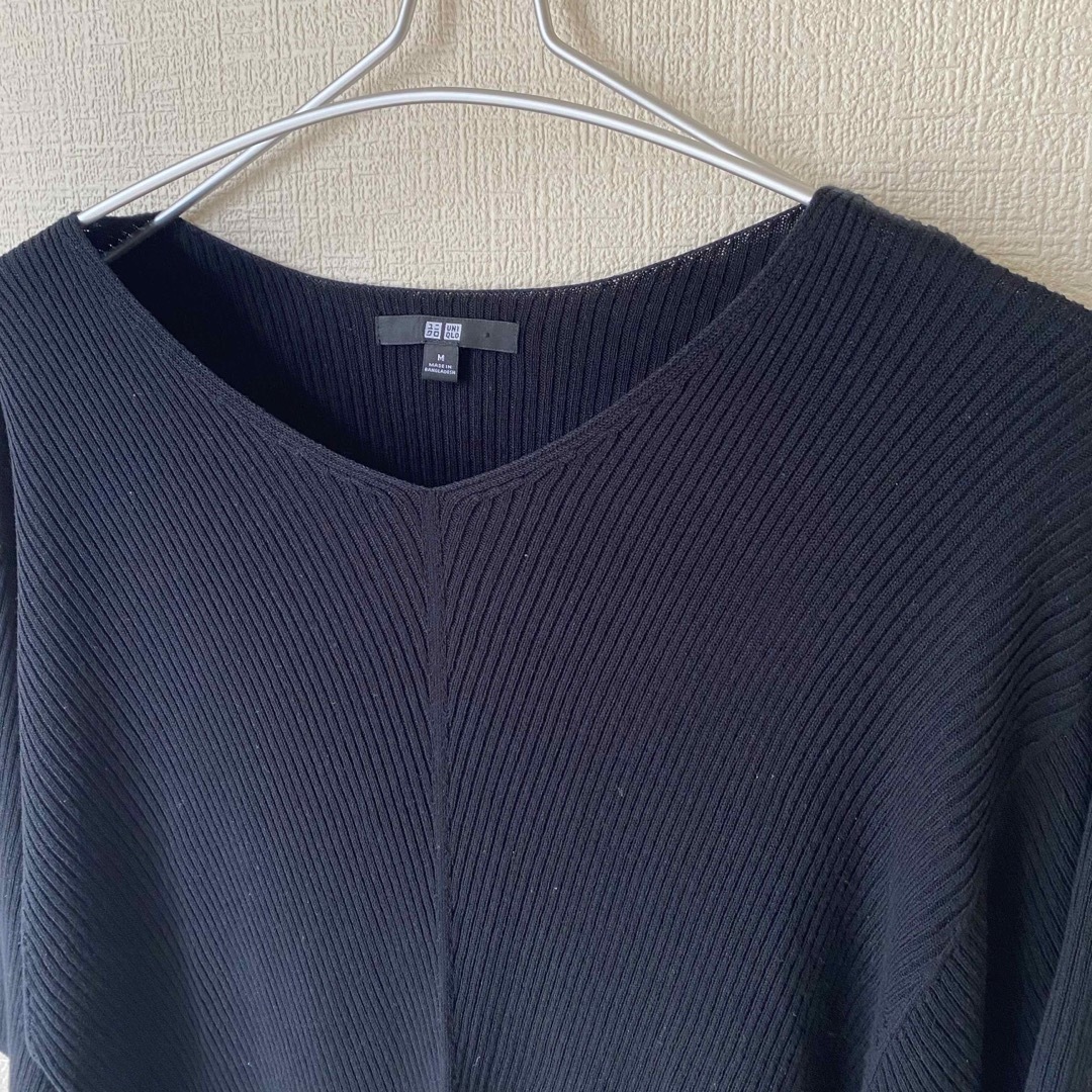 UNIQLO(ユニクロ)のUNIQLO    ユニクロ　リブ　ドルマンVネックセーター　七分袖　黒　 レディースのトップス(Tシャツ(長袖/七分))の商品写真