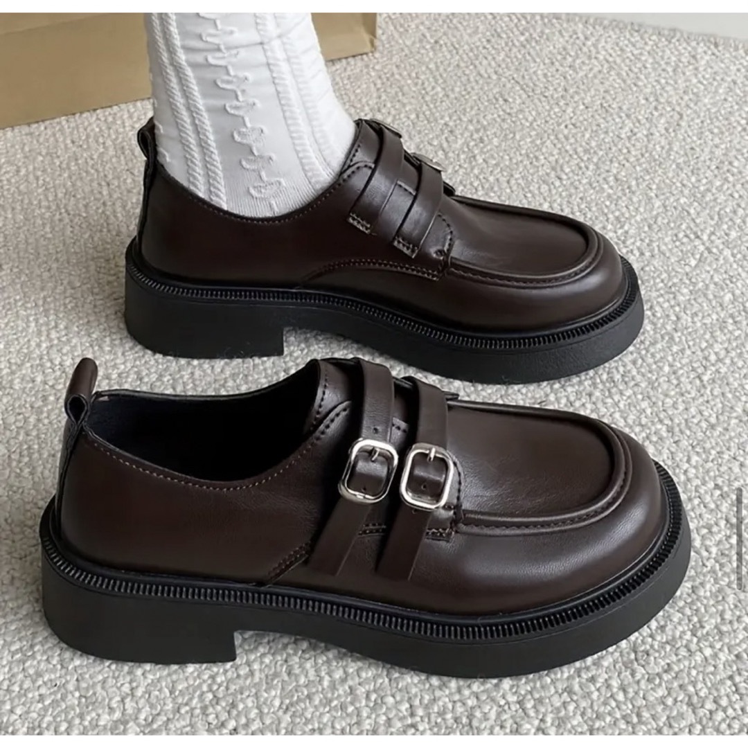 ダブルバッグル付き ローファー ブラック レディースの靴/シューズ(ローファー/革靴)の商品写真