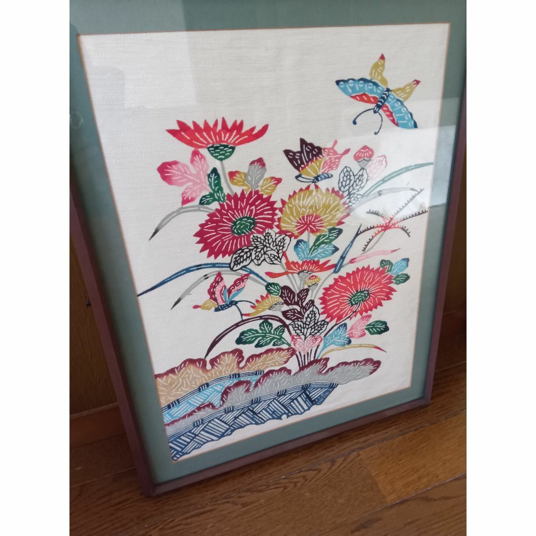 【美品】絵画　花・蝶・池 エンタメ/ホビーの美術品/アンティーク(絵画/タペストリー)の商品写真