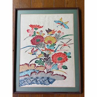 【美品】絵画　花・蝶・池