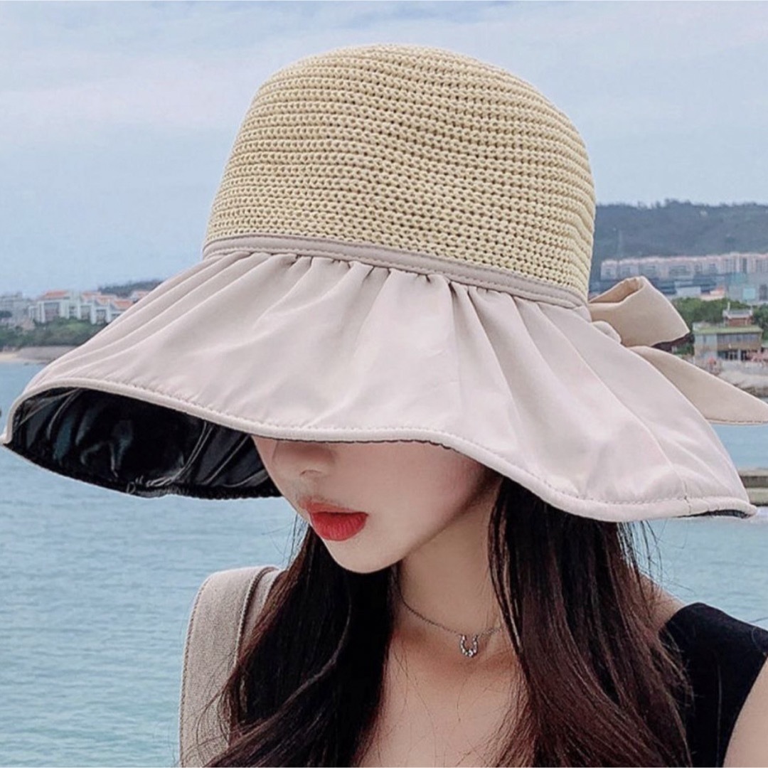 麦わら帽子　レディース　UVカット　紫外線　日焼け　つば広　リボン　ベージュ　夏 レディースの帽子(その他)の商品写真