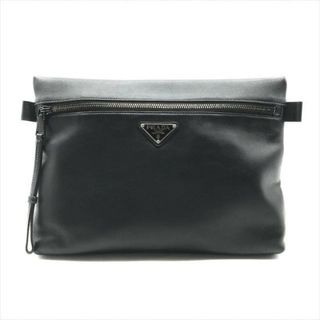 プラダ(PRADA)の美品 PRADA プラダ 三角ロゴ オール レザー セカンド クラッチバッグ ポーチ ブラック a3625(セカンドバッグ/クラッチバッグ)