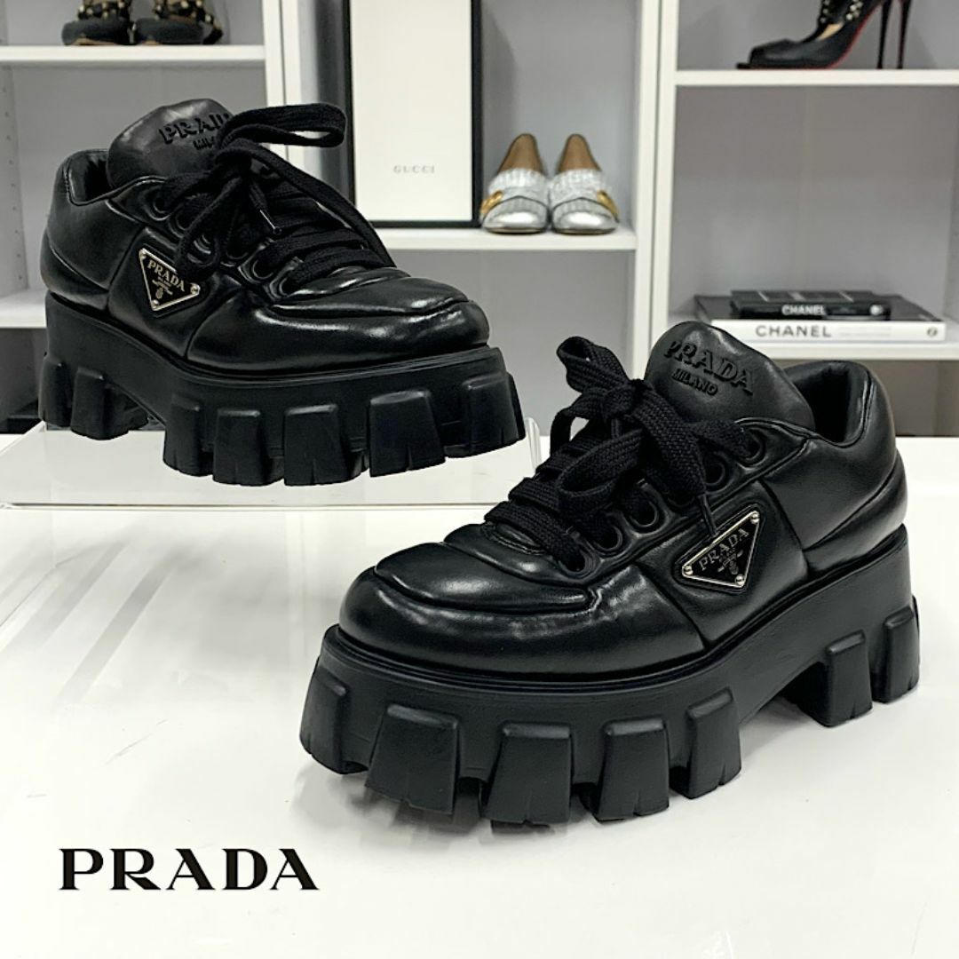 PRADA(プラダ)の9352 プラダ モノリス レザー トライアングル ロゴ スニーカー ブラック レディースの靴/シューズ(スニーカー)の商品写真
