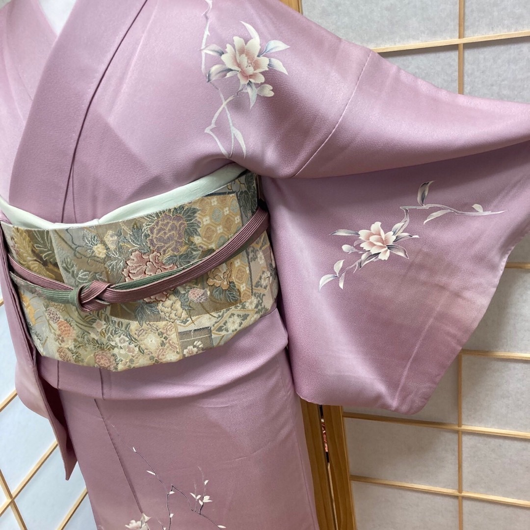 ［9658］訪問着 枝花舞鳥文様 ぼかし 正絹 着物 袷 ピンク レディースの水着/浴衣(着物)の商品写真