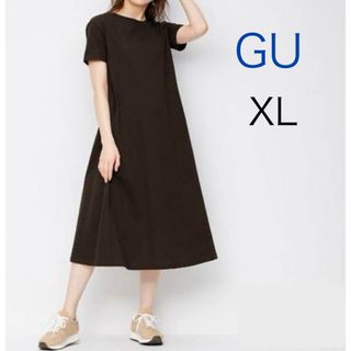 ジーユー(GU)のGU  マーセライズドAラインワンピース　XL  ダークブラウン(ロングワンピース/マキシワンピース)