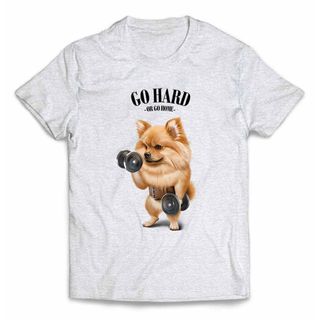 ポメラニアン いぬ 犬 ダンベル 筋トレ ジム 半袖 Tシャツ メンズ(Tシャツ/カットソー(半袖/袖なし))