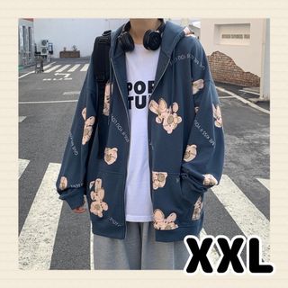 【残りわずか】 くま　柄　長袖　メンズ　XXL　韓国　総柄　ジップ　パーカー(パーカー)