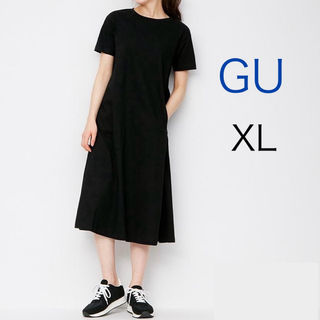 ジーユー(GU)のGU  マーセライズドAラインワンピース　XL  ブラック(ロングワンピース/マキシワンピース)
