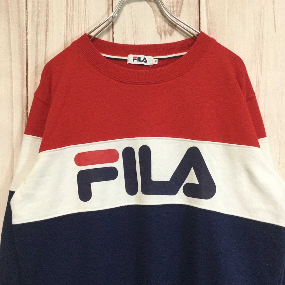 FILA(フィラ)の【フィラ ビッグロゴスウェット】 ロゴ刺繍 トリコカラー M 赤/青/白 古着 メンズのトップス(スウェット)の商品写真