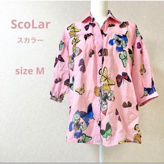 スカラー(ScoLar)のScoLarスカラー バタフライ柄 シフォンブラウス ピンク系(シャツ/ブラウス(半袖/袖なし))