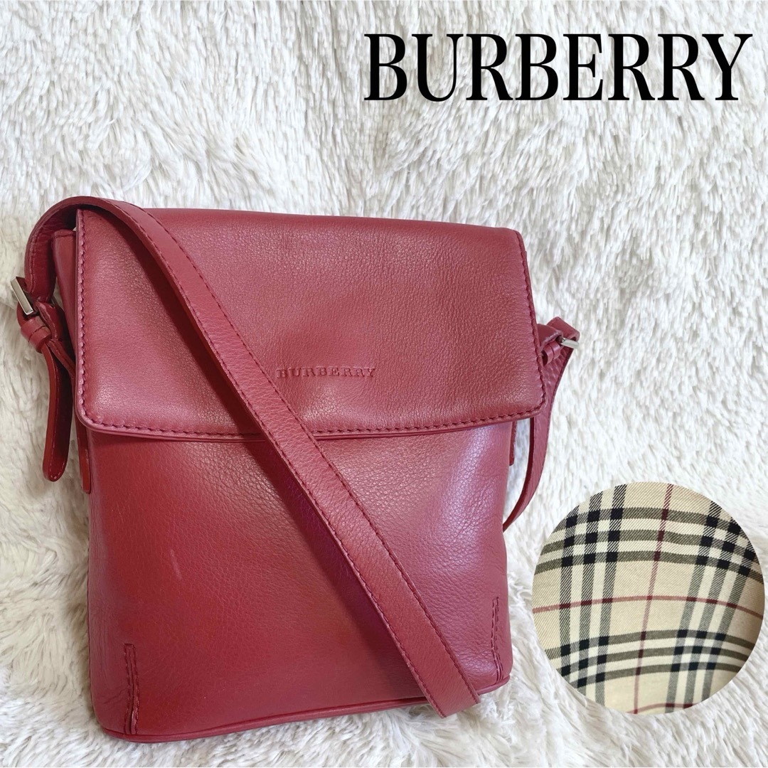 BURBERRY(バーバリー)の希少 BURBERRY オールレザー ノバチェック ロゴ ショルダーバッグ 赤 レディースのバッグ(ショルダーバッグ)の商品写真