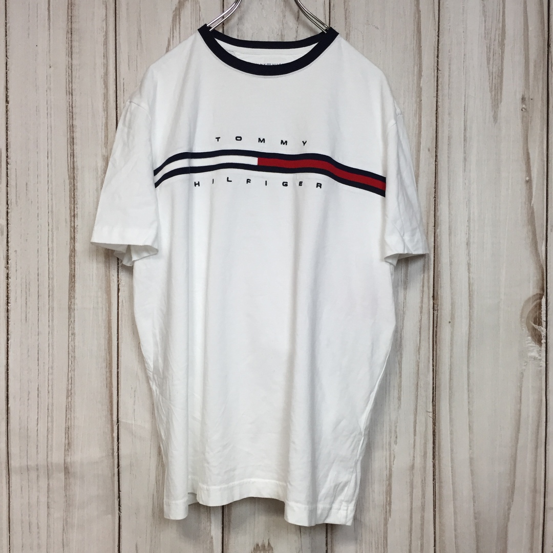 TOMMY HILFIGER(トミーヒルフィガー)の【トミーヒルフィガー 半袖ロゴTシャツ】刺繍 リンガー 美品 L 白 古着 メンズのトップス(Tシャツ/カットソー(半袖/袖なし))の商品写真