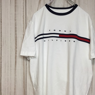 トミーヒルフィガー(TOMMY HILFIGER)の【トミーヒルフィガー 半袖ロゴTシャツ】刺繍 リンガー 美品 L 白 古着(Tシャツ/カットソー(半袖/袖なし))