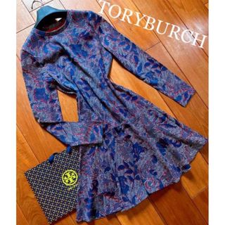 トリーバーチ(Tory Burch)の美品トリーバーチ　ワンピース　リーフ柄　ネイビー　TORY BURCH 海外M(ひざ丈ワンピース)