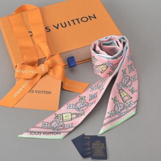 ルイヴィトン(LOUIS VUITTON)の美品◇ルイヴィトン バンドーBB ビジュエルド スカーフ シルク ピンク 水色(バンダナ/スカーフ)