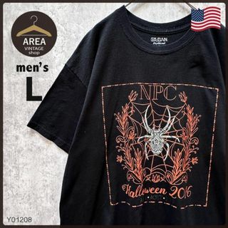 アメリカプリントTシャツギルダン半袖メンズ古着Lサイズブラック黒クモ蜘蛛USA(Tシャツ/カットソー(半袖/袖なし))