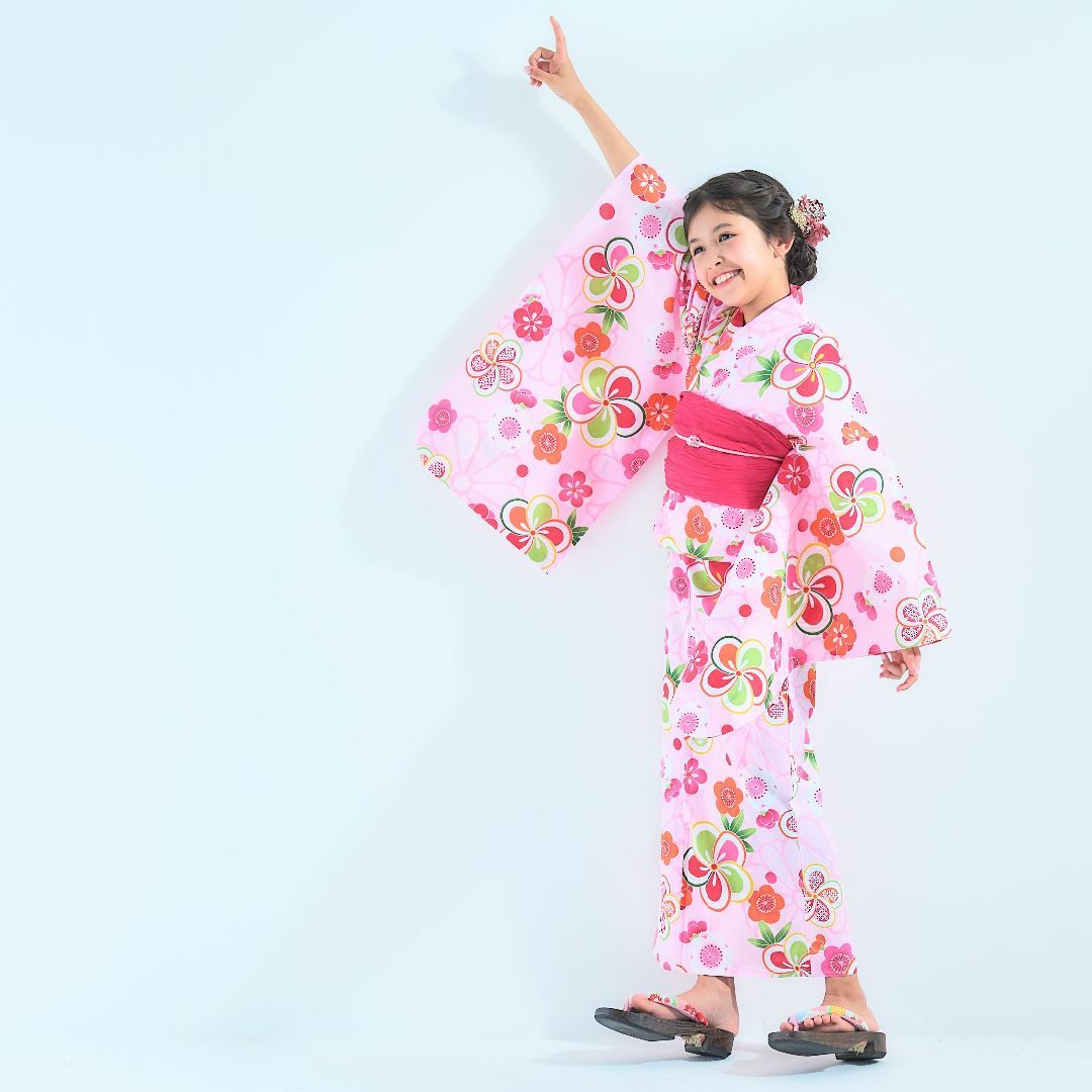 キッズ 子供 浴衣 しわへこ 帯とセット ピンク 梅 100〜150cm P10 キッズ/ベビー/マタニティのキッズ服女の子用(90cm~)(甚平/浴衣)の商品写真