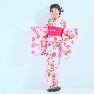 キッズ 子供 浴衣 しわへこ 帯とセット ピンク 梅 100〜150cm P10(甚平/浴衣)