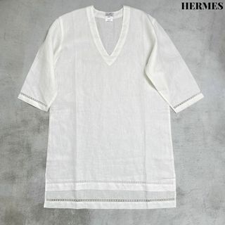 Hermes - 【美品】HERMES エルメス リネン100% Vネック シャツ ワンピース