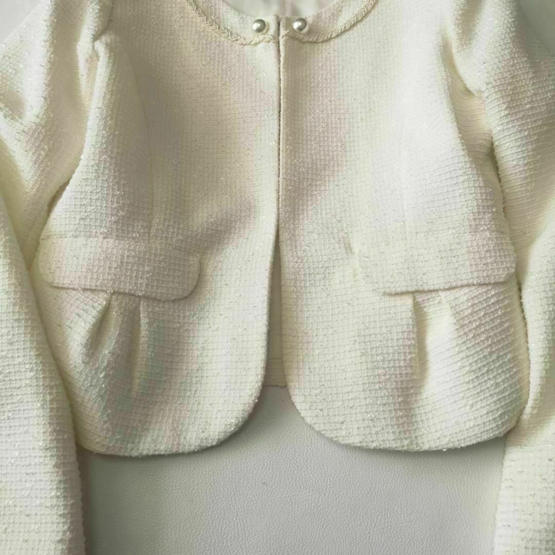 ペルソデア　ツイード　パールボタン　ノーカラージャケット　羽織　白　１３号 レディースのジャケット/アウター(ノーカラージャケット)の商品写真