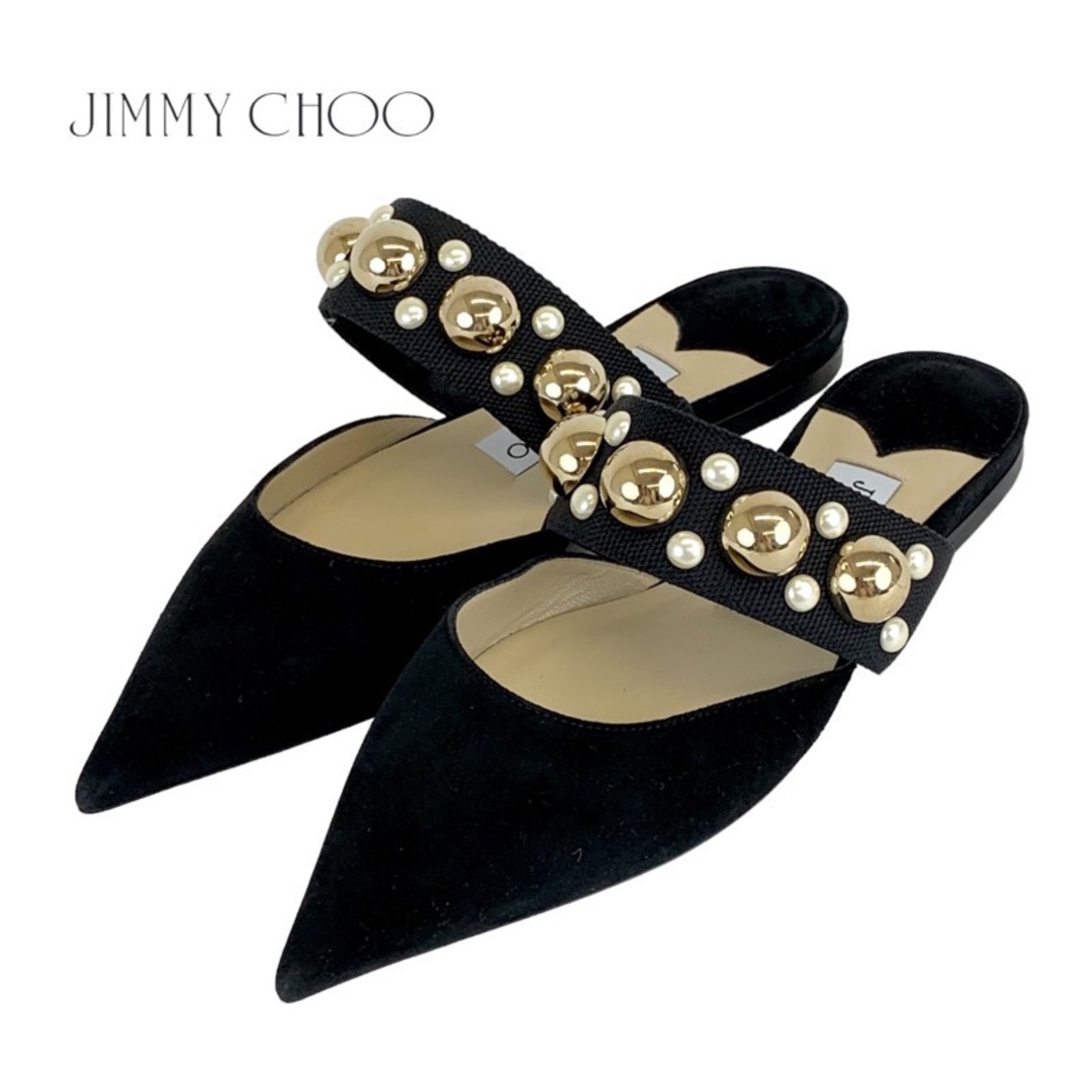 JIMMY CHOO(ジミーチュウ)のジミーチュウ JIMMY CHOO サンダル 靴 シューズ スエード ブラック ゴールド ミュール パンプス 丸スタッズ パール フラット レディースの靴/シューズ(サンダル)の商品写真