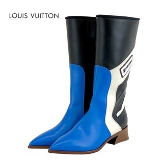 ルイヴィトン(LOUIS VUITTON)のルイヴィトン LOUIS VUITTON フラッグスライン ブーツ ロングブーツ 靴 シューズ レザー ブルー ブラック ホワイト ロゴ(ブーツ)