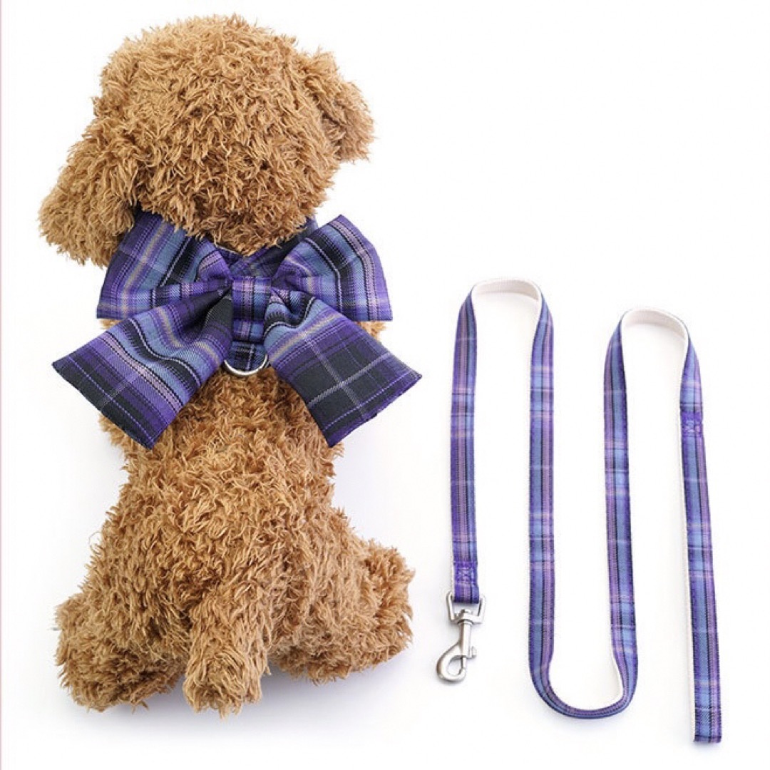 新品 M ビッグリボン チェック ハーネス リード セット （紫短丈） 犬の服 その他のペット用品(犬)の商品写真